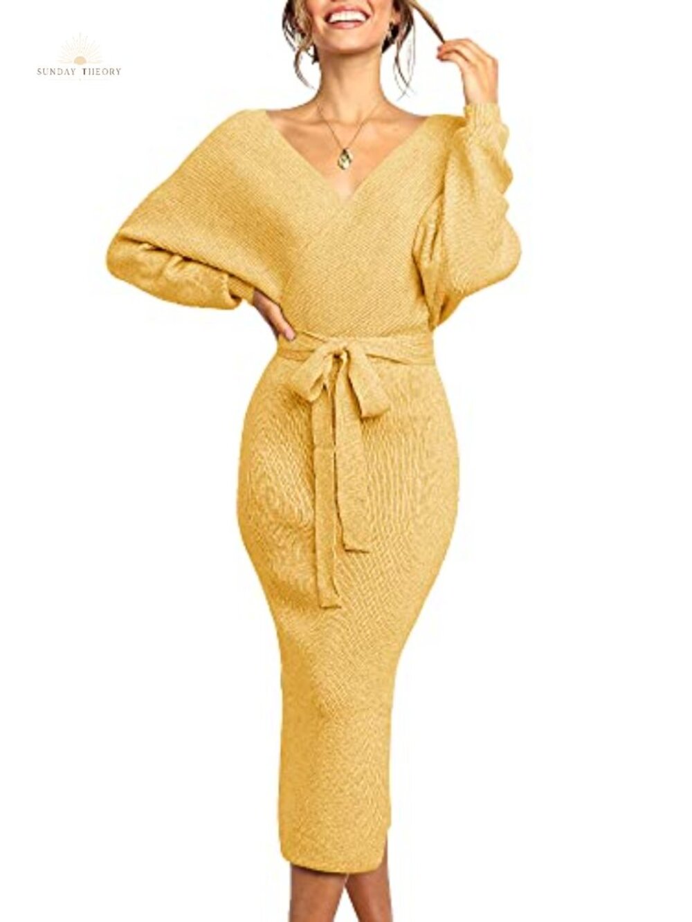 Womens Maxi Sweater Dress Batwing Sleeve Wrap V Neck Belted Fall Winter